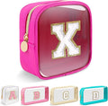 Mini Clear Personalized Initial Makeup Bag, Small Preppy A-Z Chenille Letter Patch Cosmetic Pouch, Transparent PVC & Nylon Waterproof Zip Beach Toiletry Bag,Gift for Women Girls(Hot Pink-White X)