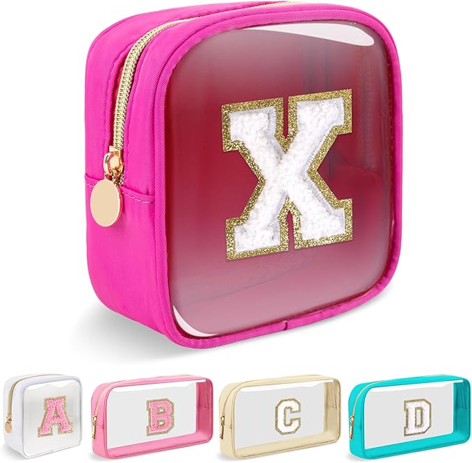 Mini Clear Personalized Initial Makeup Bag, Small Preppy A-Z Chenille Letter Patch Cosmetic Pouch, Transparent PVC & Nylon Waterproof Zip Beach Toiletry Bag,Gift for Women Girls(Hot Pink-White X)