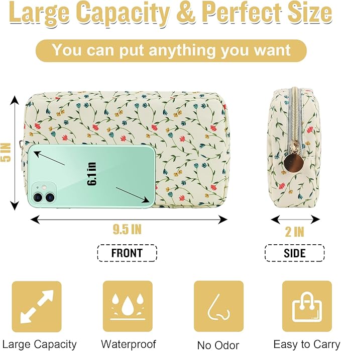 Nylon Small Floral Makeup Bag for Purse, Cute Preppy Makeup Bag Cosmetic Zipper Pouch Purse, Waterproof Portable Travel Toiletry Makeup Brush Bag Organizer Storage for Women Girls(Light Yellow-Flower)