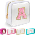 Mini Clear Personalized Initial Makeup Bag,Nylon Preppy A-Z Chenille Letter Patch Zipper Cosmetic Bag, Small Cute Beach Pouch Travel Purse Sanitary Napkin Storage Bag for Women Girls(White-Pink A)