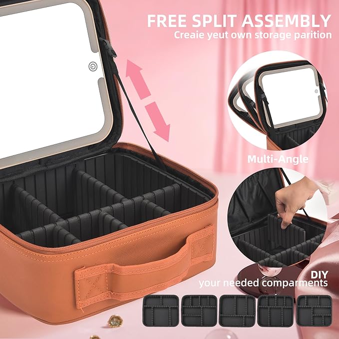 Travel Makeup Bag with LED Mirror,Removable Mirror with 3 Color Modes,Portable makeup travel organizer for Women,Makeup Case with 8 Adjustable EVA Dividers,Cosmetic Train Case with Lighted Mirror