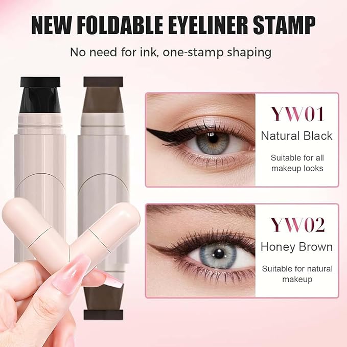 Foldable Eyeliner Stamp,Winged Eyeliner Stamp,Gel Eye liner Pencil Set for Perfect Wings,Smudge Proof & Waterpoof Eye Liner,Easy Eye Stencil Makeup Tool (2PCS-Brown)