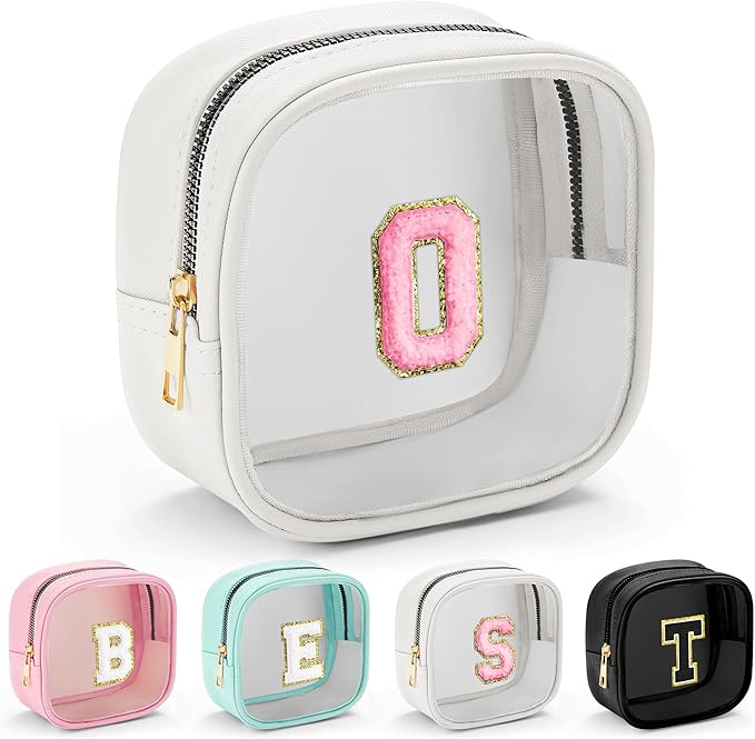 YOOLIFE Initial Make Up Bag Travel Toiletry Bag, Clear Makeup Bag Preppy Cosmetic Bags Organizer Travel Essentials Gifts for Women Teen Girlfriend Teacher Mom Birthday Mothers Day Gifts White O