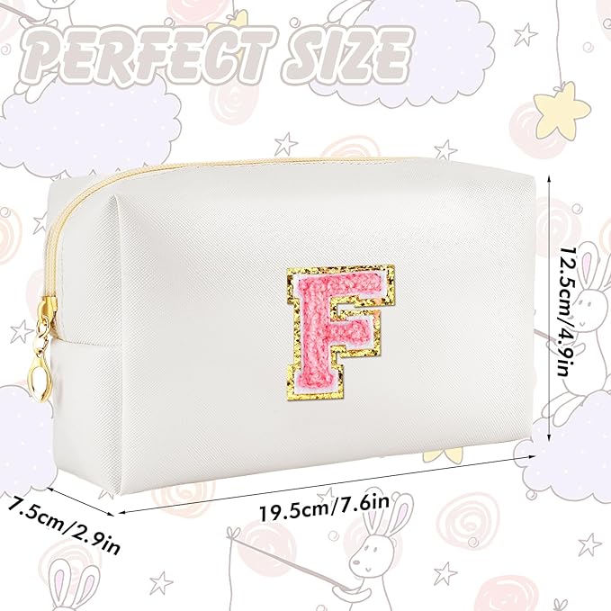Initial Makeup Bag Personalized Preppy Travel Small Cosmetic Bag Cute PU White Chenille Letter Makeup Pouch for Purse Waterproof Zippered Toiletry Organizer for Women Girls Kids Friends (F)