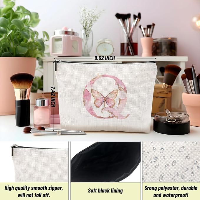 Initial Makeup Bag Pink Butterfly Q Personalized Cosmetic Bag Monogrammed Gifts for Women Girls Mom Bridesmaid Monogram Zipper Pouch for Friendship Mothers Day Birthday Wedding Bridal Shower Gifts