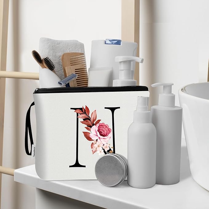 Vavabox A-Z Personalized Makeup Bag, Birthday Gifts for Women Mom, Gifts for Best Friend, Bride Bridesmaid Cosmetic bag (N, 03-White Set)