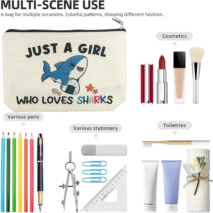 Shark Gifts for Women Makeup Bag, Cute Shark Themed Gifts for Shark Lovers Girls Kids Accessories, Just A Girl Who Loves Sharks Cosmetic Stuff Pouch, Birthday Christmas Decorations