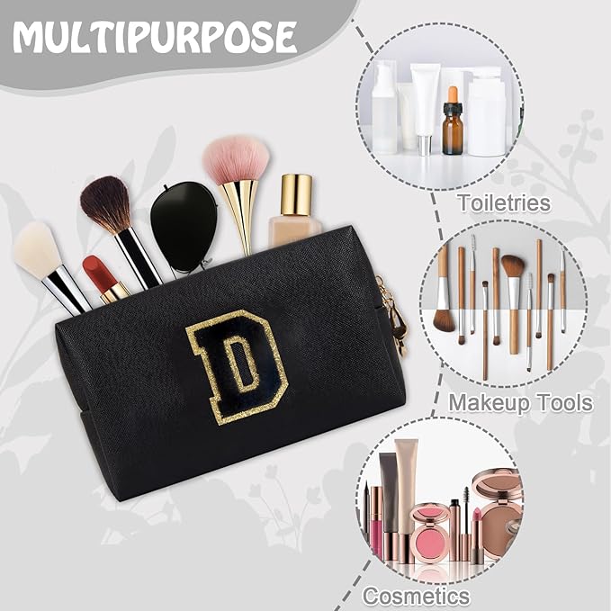 Personalized Chenille Letter Preppy Makeup Bag, Small Cute Mini Travel Toiletry Bag Initial Cosmetic Zipper Pouch for Purse, Waterproof Makeup Case Storage Travel Essentials for Her Daughter(Letter D)