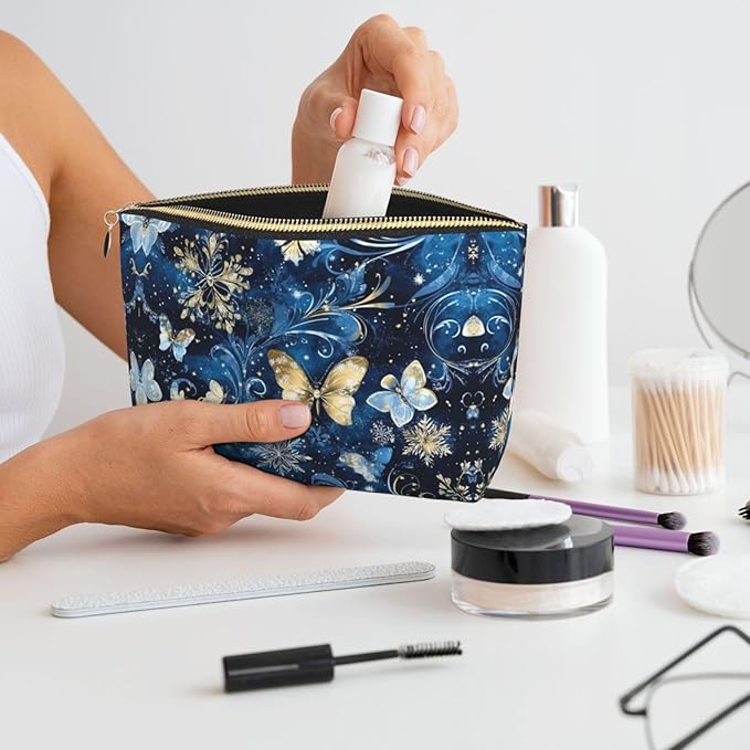 Womens Leather Makeup Bag Cosmetic Bag Travel Toiletry Bags Make Up Bags for Women Adult (Christmas Snowflakes Butterfly-21)