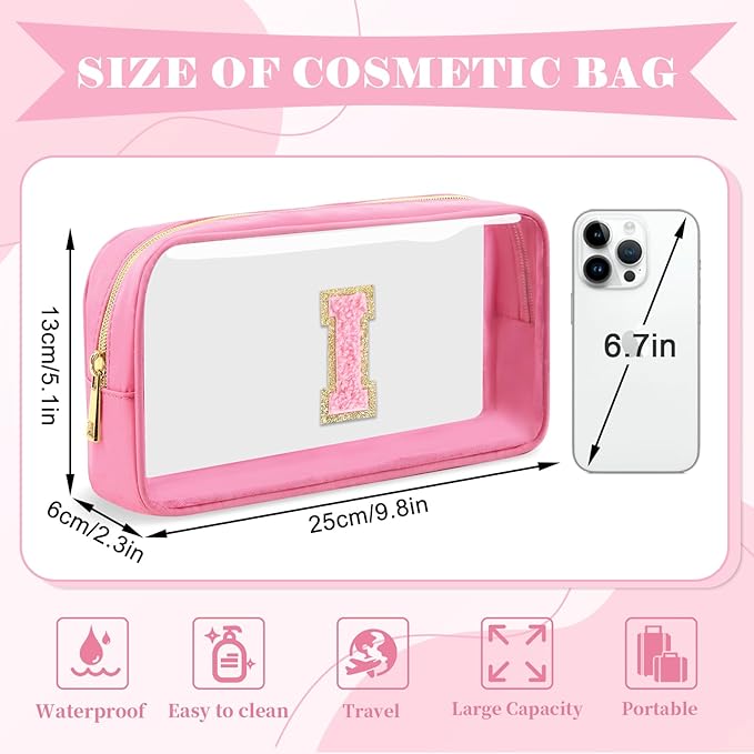 Personalized Initial Letter Clear Makeup Bag,Preppy Small Nylon&PVC Cosmetic Zipper Bag with Chenille Letter,Portable Beach Travel Skincare Toiletry Bag,Trendy Monogram Gift for Teen Girls Women,I