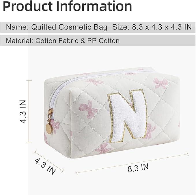 Gleyemor Personalized Initial Makeup Bag for Women, Cute Quilted Pink Floral Cotton Cosmetic Bag, Christmas Gifts for Her Mom Friend Sister Bridesmaid Teacher Women N