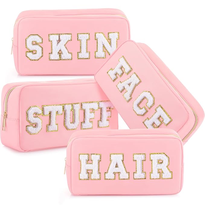 Remerry 4 PCS Nylon Cosmetic Bags Waterproof Spacious Travel Makeup Organizer for Women Chenille Letter Preppy Zipper Pouch Face Stuff Skin Hair Organizer Gift(Pink)