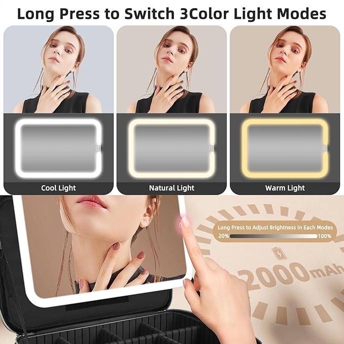 15''X11'' Makeup Bag with Removeable Lighted Mirror, Travel Makeup Case with 3 Color Lights Dimmable Brightness, Large Capacity Cosmetic Organizer Case with Detachable Dividers & Shoulder Strap