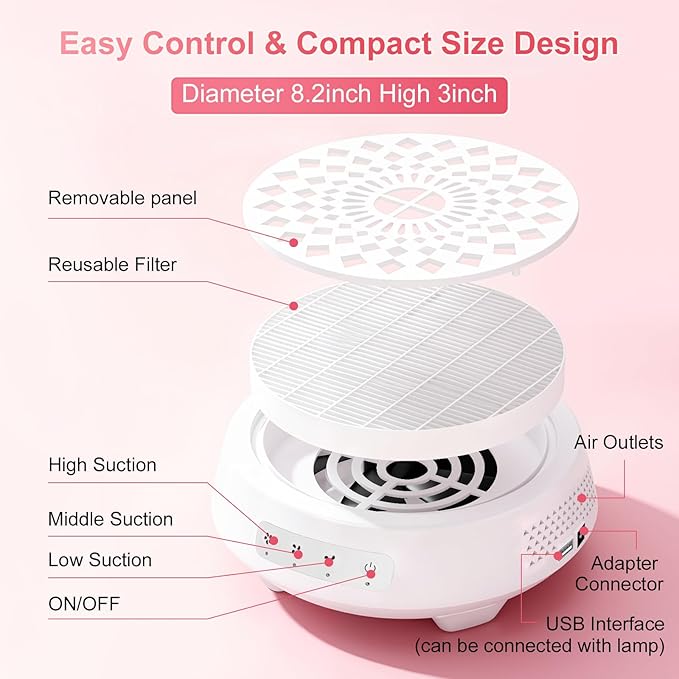 Professional Nail Dust Collector, Quiet Nail Vacuum Cleaner Machine with Reusable Filter, Powerful Suction Nail Tech Dust Fan for Acrylic Gel Nails Art Polishing, Manicure Pedicure Salon Home Use