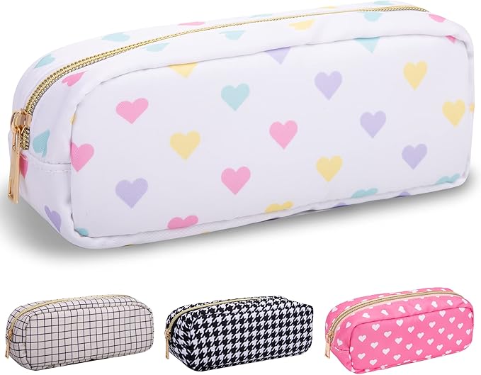 Nylon Small Makeup Bag, Slim Pink Makeup Brush Case, Preppy Cosmetic Zipper Pouch for Purse, Travel Toiletry Bag Clutch Coin Pouch Makeup Organizer for Women Girls (White Heart)