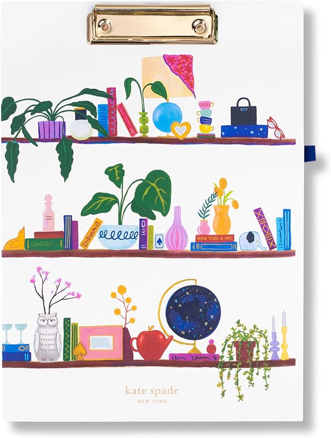 kate spade new york A4 Clipboard Folio with Low Profile Clip, Professional Padfolio Includes Lined Notepad, Pen Loop, and Pocket, Charmed Library