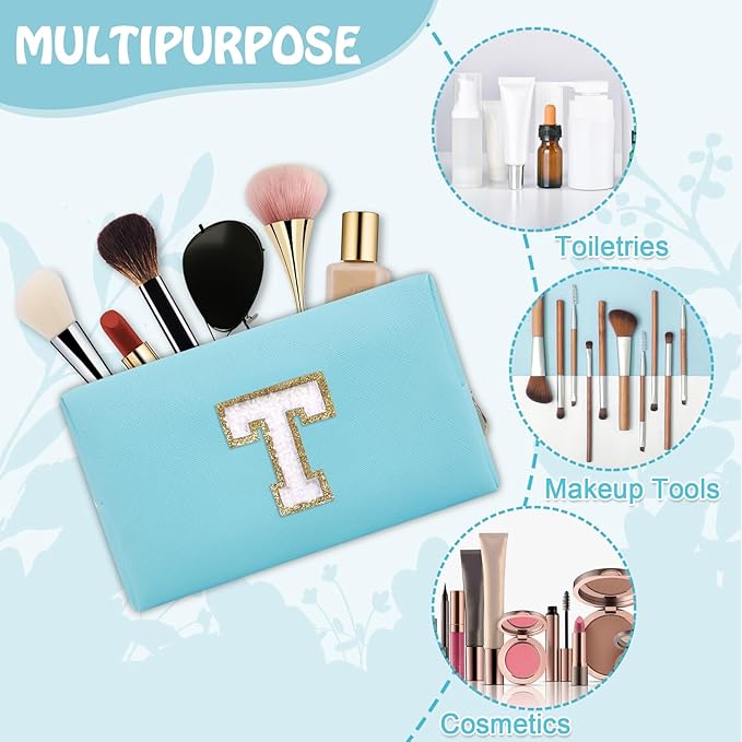 Personalized Small Travel Preppy Makeup Bag, Chenille Letter Blue Cute Makeup Case Initial Cosmetic Pouch Toiletry Organizer, PU Leather Waterproof Makeup Storage Teacher Appreciation Gifts(Letter T)