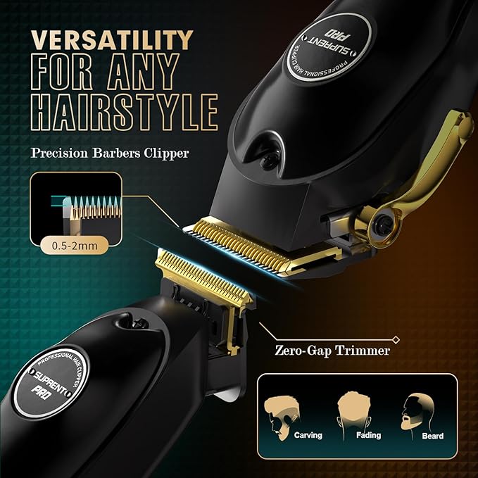 SUPRENT Professional Hair Clippers for Men, Cordless Hair Cutting Kit, Barber Clippers & Zero-gapped Trimmer Combo with Type-C Rechargeable, Titanium Plated Ceramic Blade(Black)