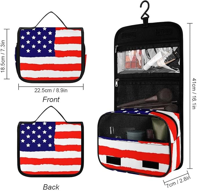Travel Toiletry Bag, Portable Makeup Bag with Hanging Hook, Hanging Organizer for Women Men Shampoo, Conditioner, Brushes Set, Red Blue White American Flag