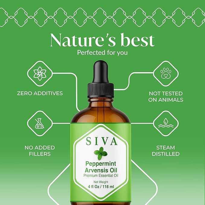 Siva Peppermint Arvensis Essential Oil - 4 Fl Oz – 100% Natural Peppermint Arvensis Oil - for Diffuser, Face, Skin Care, Aromatherapy, Hair Care, Scalp and Body Massage - with Dropper