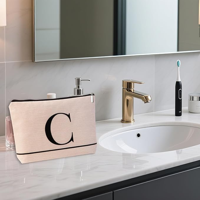 Letter A-Z Initial Personalized Makeup Bags, Birthday Gifts for Women, Monogrammed Gifts for Women Mom Sister Best Friend Bride Bridesmaid, Mothers Day, Christmas, Small Travel Cosmetic Bag (C)