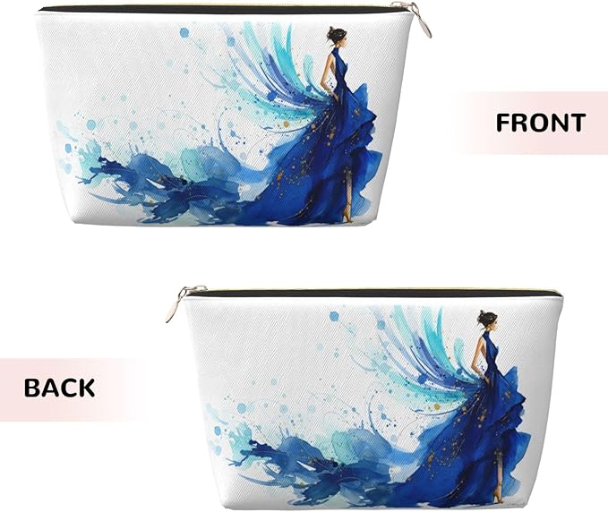 Womens Leather Makeup Bag Cosmetic Bag Travel Toiletry Bags Make Up Bags for Women Adult (Elegant Blue Lady)