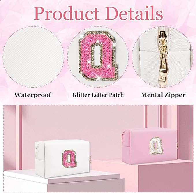 Small Personalized Glitter Initial Letter Makeup Bag, Cute PU Leather Chenille Letters Cosmetic Bag Travel Makeup Pouch, Preppy Travel Organizer Zipper Pouch for Women&Girls（WhiteRosePink-Q）