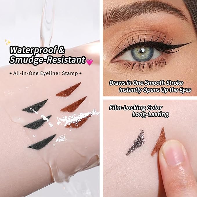 Foldable Eyeliner Stamp,Winged Eyeliner Stamp,Gel Eye liner Pencil Set for Perfect Wings,Smudge Proof & Waterpoof Eye Liner,Easy Eye Stencil Makeup Tool (2PCS-Brown+Black)