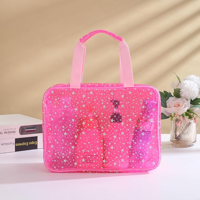 Yaopeing 2Pcs PVC Clear Makeup Bag Organizer for Women,Star Transparent Cosmetic Case Travel Toiletry Pouch with Zipper,Large Make Up Purse for Daily Accessory,Pink