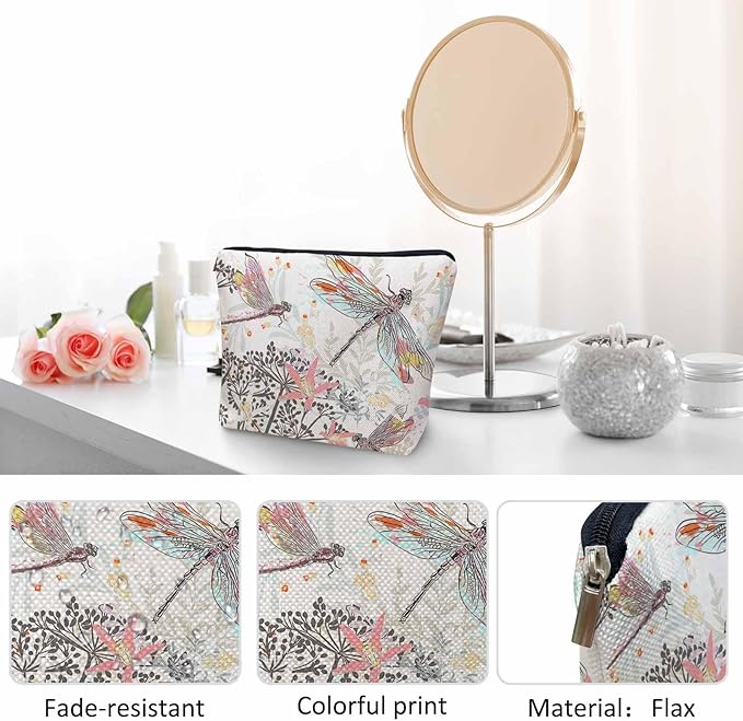 Makeup Bag For Purse Dragonfly, Garden Dragonflies Flowers Nature Cosmetic Bags For Women With Zipper Travel Toiletry Pouch Makeup Bags Makeup Organizers Purse For Toiletries Cosmetics