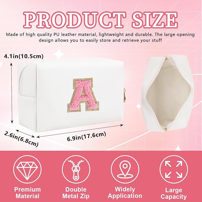 Personalized Initial Letter Patch Makeup Bag, Preppy Portable Chenille Cosmetic Bag with Zipper, PU Leather Waterproof Travel Toiletry Bag Monogram Make Up Pouch for Women Girls