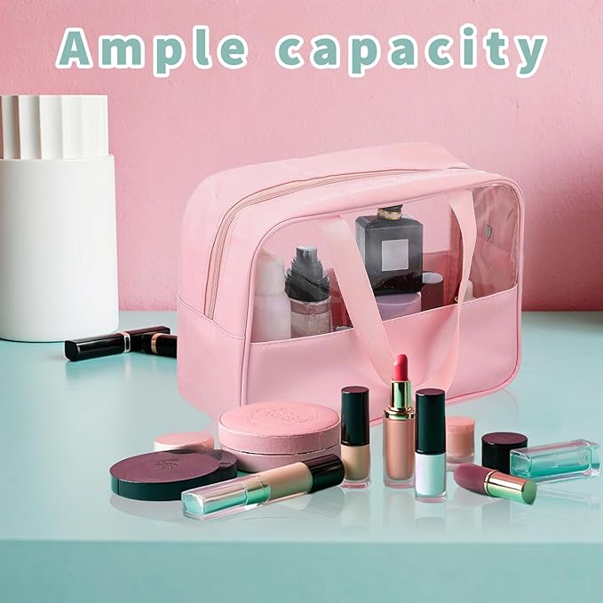 12 Pcs Translucent Make up Bag 10.2 x 6.3 x 2.8 Inches Waterproof Toiletry Organizer with Hanging Handles Portable Cosmetic Travel Bag Carry Pouch for Women and Men Travel Storage (Pink)