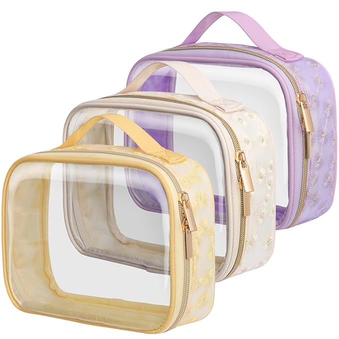 PACKISM TSA Approved Toiletry Bag - Floral Texture Lace clear Makeup Bags, Ease of Clamshell Closing, Handles and Double Zippers, 0.5 mm Thicker TSA Toiletry Bag, Multicolor