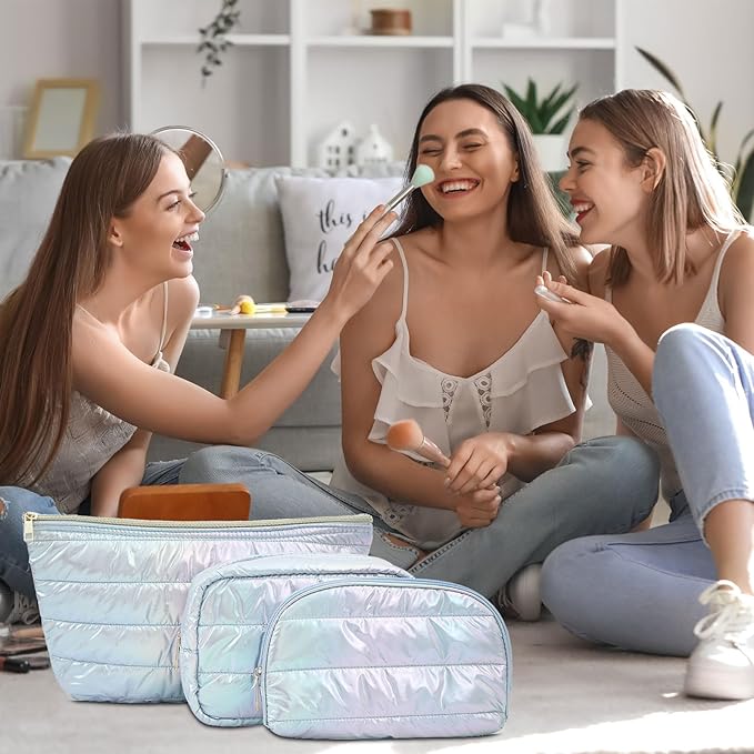 Hiroyuki Iridescent Quilted Makeup Bag, 3pcs Cute Makeup Bag Set, Large Capacity Cosmetic Organizer Travel Toiletry Pouch (plain, cyan)