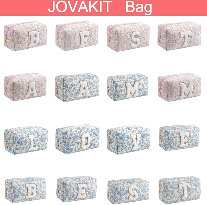 JOVAKIT Alphabet Makeup Bag Cosmetic Bag for Women, Christmas Gifts for Girls Age 6-18, Floral Flowers Coquette Travel Toiletry Zipper Make Up Pouch Organizer Trendy Stuff (Pink Floral K)