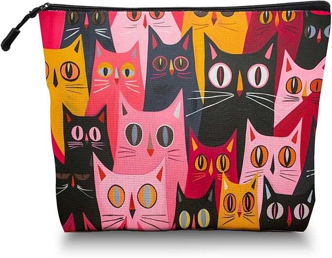 Cosmetic Bags Travel Makeup Toilet Case Waterproof Pouch for Women Girls 6.7X9.45inches - Multicolored Cat Portraits in A Tight Arrangement