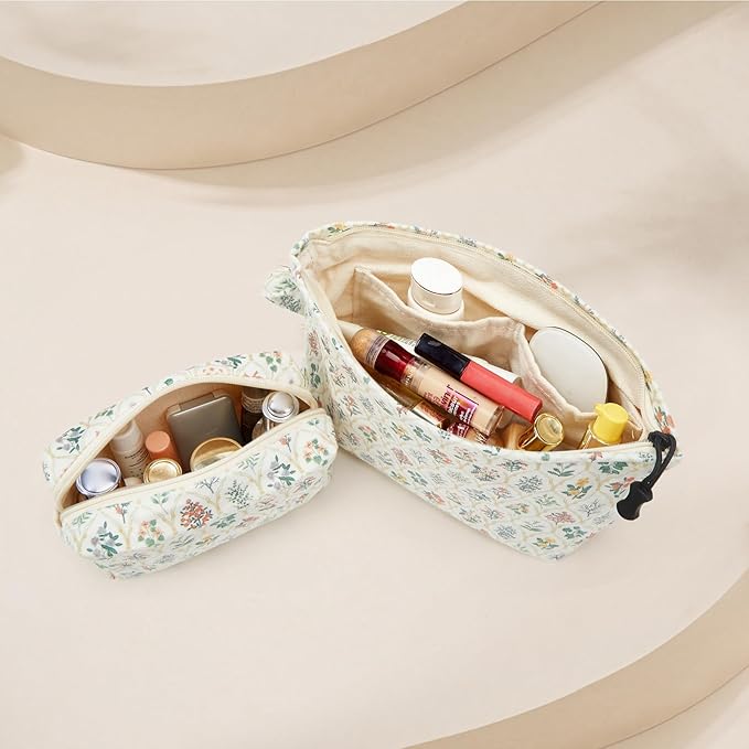 Makeup bag set small Cosmetic bag for women purse Corduroy Organizer with interior Pockets Pencil zipper Pouch travel Toiletry Bag with handle(Multi-Plants)