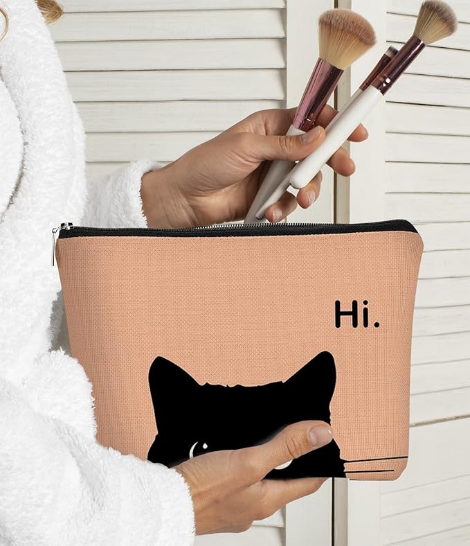 Cat Makeup Bag, Cute Makeup Bag, Cat Gifts for Cat Lovers Women, Black Cat Gifts, Hi Black Cat Kitty Cosmetic Bag, Cat Makeup Pouch, Cat Stuff for Cat Lovers (Camel-2)
