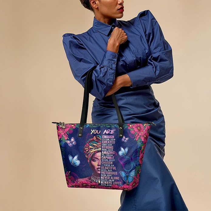 African Black Women's Leather Tote Bag, Large, Premium Vegan Leather, Full Zip, Perfect Christmas Gifts For Women