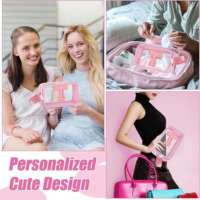 Initial Makeup Bag,Letter T Cute Clear Monogrammed Cosmetic Travel Bag for Womens Girls,Personalized Pink Aesthetic Traveling Make Up Organizer Bag for Beach,Waterproof Toiletry Bag