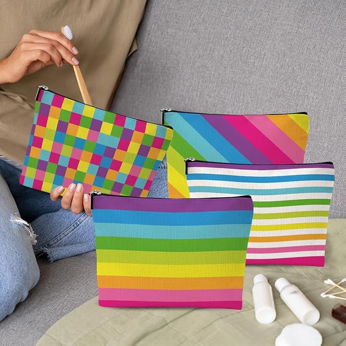 4pcs Colorful Rainbow Makeup Bag, Bright Neon Colors Cosmetic Bag, Christmas Wedding Anniversary Birthday Friendship Gifts for Women Girls Best Friends Therapist Bestie Mom Travel Toiletry Bag