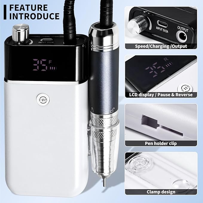 Professional Electric Nail Drill Kit White Portable Rechargeable Cordless Nail File Machine 35000 RPM with 7PCS Bits for Acrylic Gel Powder Nails Polish Pedicure Toenail Tool Salon Set
