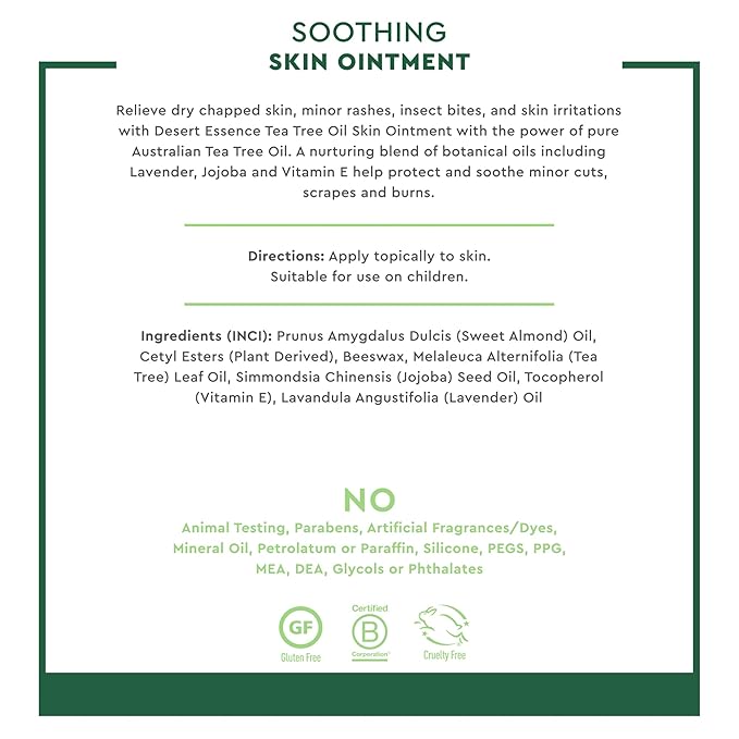 Desert Essence TEA TREE OIL SKIN OINTMENT – Itch Relief, Rash Cream for Razor Burn - Soothing Balm with Lavender & Jojoba - Gluten & Cruelty-Free - 1 oz
