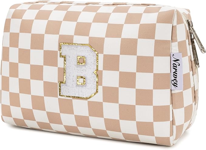 Narwey Birthday Gifts for Women Teen Girls Kids Personalized Initial Checkered Makeup Bag Cute Cosmetic Bag Trendy Stuff 6 8 10 11 12 13 14 16 18 Years Old Travel Toiletry Bag (Brown Letter B)
