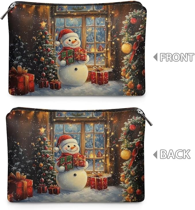 COEQINE Leather Zipper Pouch for Women Travel Snowman Kawaii Makeup Bag Travel Cosmetic Bags Soft Waterproof Large Capacity Toiletry Bag for Womens Mom Christmas Gifts