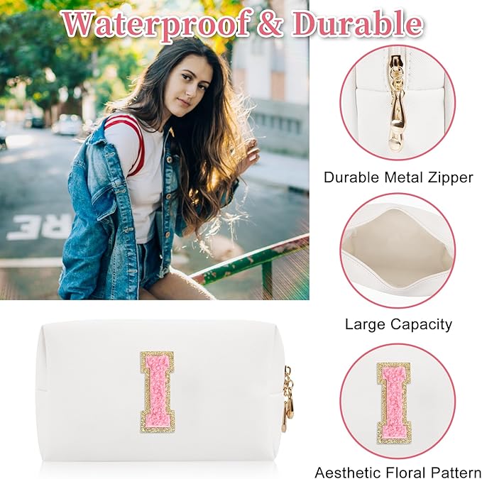 Iqimott Personalized Initial Letter Patch Makeup Bag, Preppy Portable Chenille Letter Cosmetic Bag with Zipper, PU Leather Waterproof Travel Toiletry Bag Monogram Make Up Pouch for Women Girls