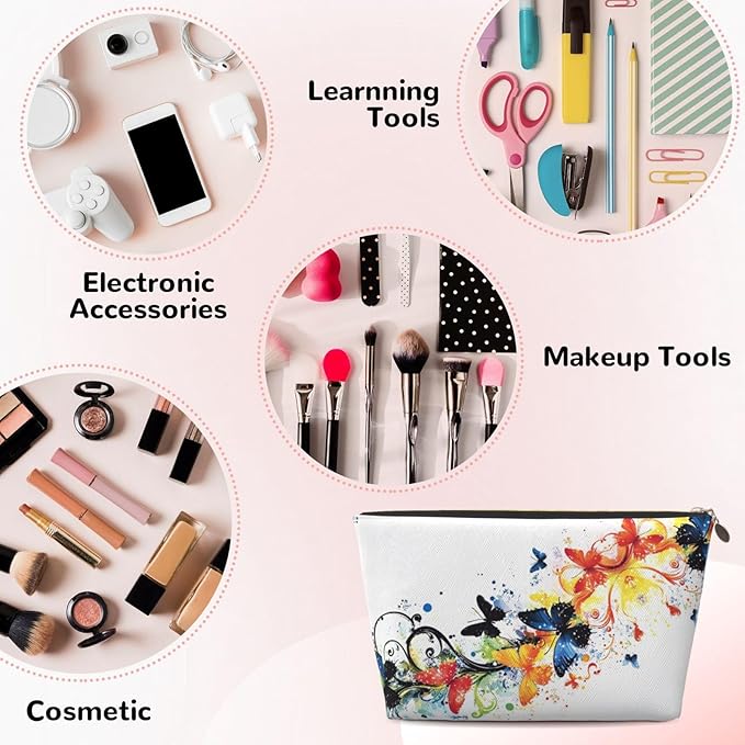 Womens Leather Makeup Bag Cosmetic Bag Travel Toiletry Bags Make Up Bags for Women Adult (Elegant Butterflies)