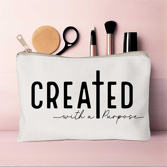 Created With a Purpose Women Makeup Bag Christian Decor Self Love Gift Toiletry Bag Religious Faith Cosmetic Pouch Linen Cotton Inspirational Multi-Purpose Bag Gift