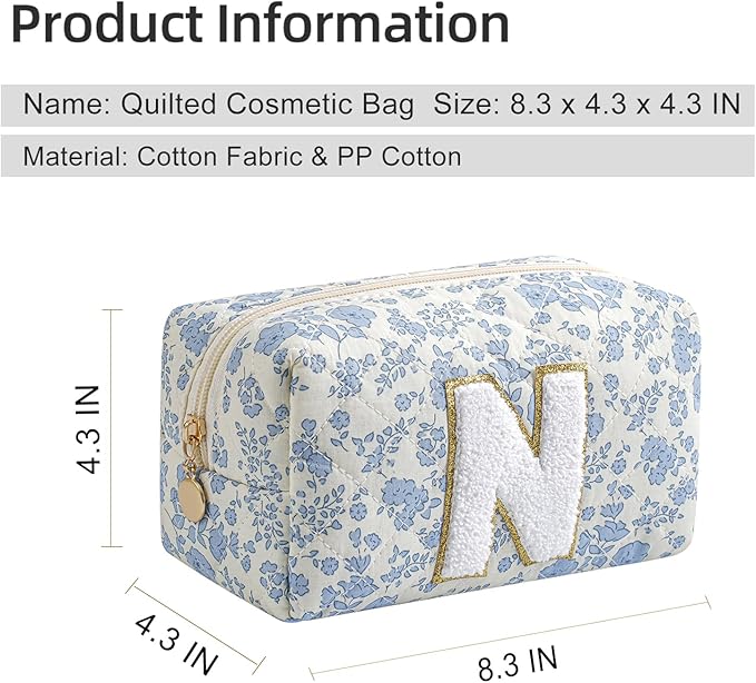 Gleyemor Personalized Initial Makeup Bag for Women, Cute Quilted Blue Floral Cotton Cosmetic Bag, Christmas Gifts for Her Mom Friend Sister Bridesmaid Teacher Women N