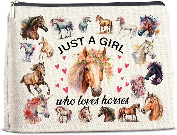 Horses Gifts Makeup Bag Funny Horse Lover Gifts for Girl Women Cowgirl Cosmetic Bag Just a Girl Who Loves Horses Zipper Makeup Pouch Gift